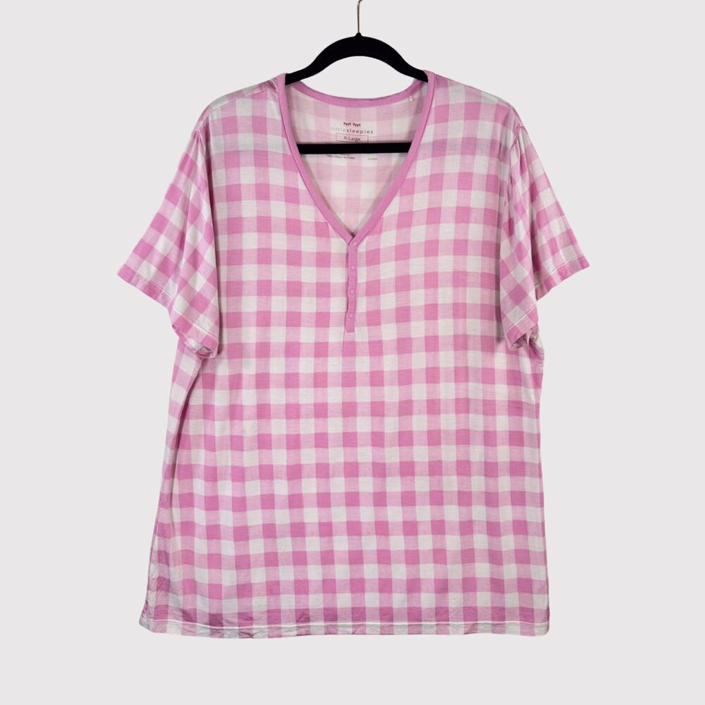 Little Sleepies Womens Pajama Top Pink Plaid V Neck Henley Short Sleeve Size XL